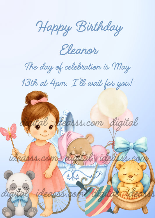 Sweet little girl in a pink dress holding a pink butterfly wand, with a panda bear, a blue pram with a sleeping teddy bear in pink pajamas, colorful balloons, and a yellow teddy bear in a basket with a light blue bow, on a soft blue gradient background — birthday card for girls aged 1 to 9