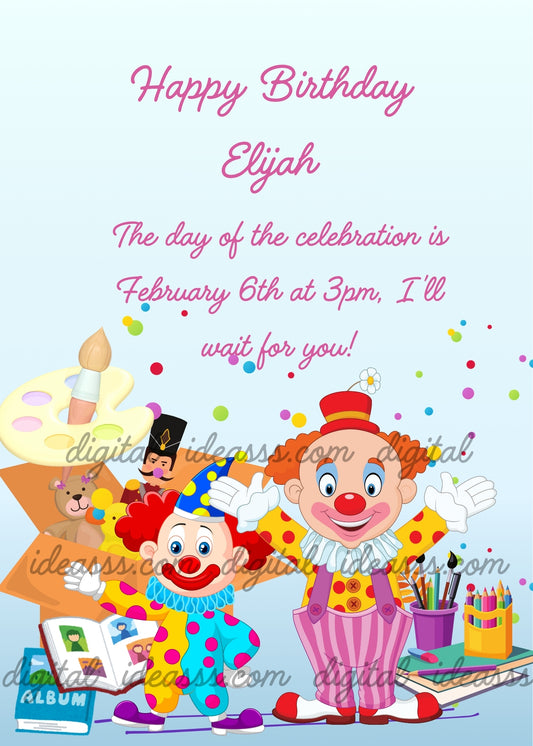 Two cheerful clowns with red noses and colorful outfits, a toy soldier, a teddy bear, a photo album, art supplies with paintbrush and palette, pencils and brushes in cups, colorful confetti on a soft light blue gradient background — birthday card for children aged 6 to 12