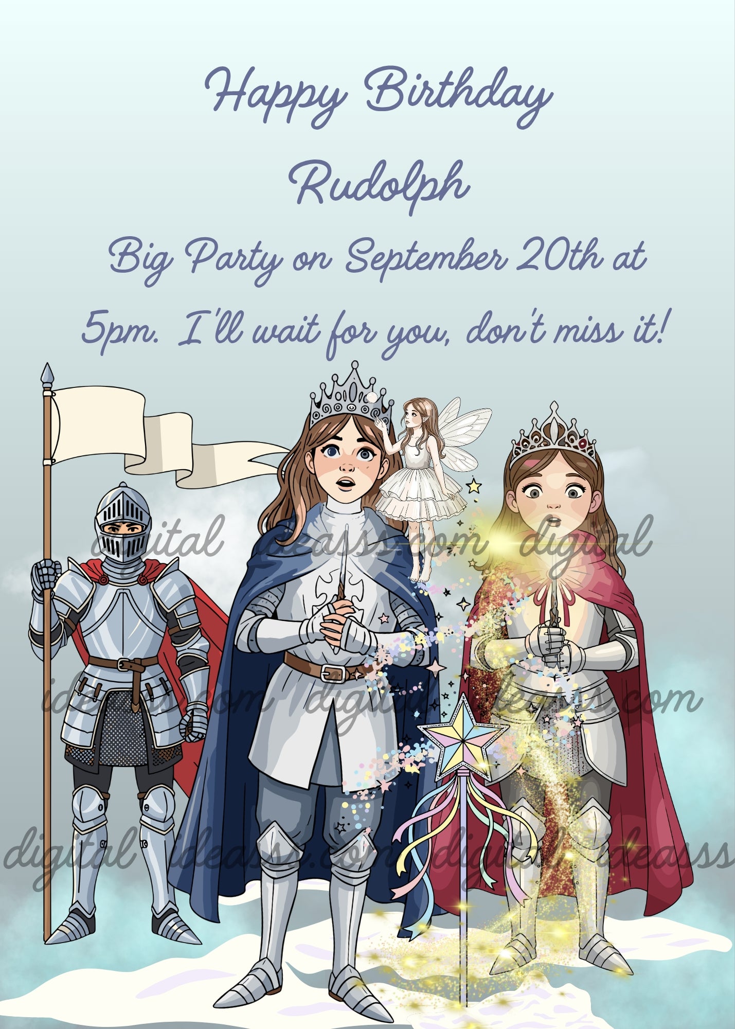  Two princess knights in silver armor with crowns, one with a blue cape and one with a red cape, both with expressions of wonder and amazement, standing in the snow in front of a magical wand that makes a tiny fairy with white wings and dress appear in a shower of golden sparkles, with a castle guard holding a white flag behind them, on a soft blue misty background — birthday card for girls aged 9 to 14