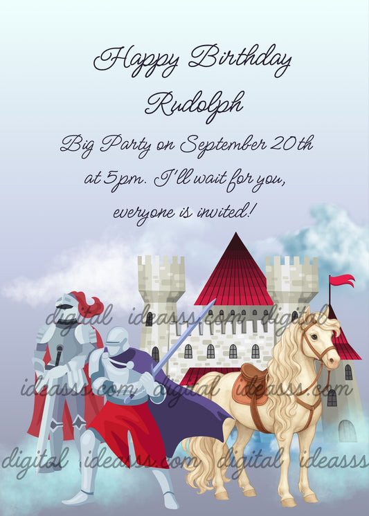 Two armored knights with red and purple cloaks holding a sword, beside a white horse with blonde mane, in front of a white castle with red roofs and a red flag, surrounded by blue fog and clouds — printable birthday card for boys ages 9 to 14
