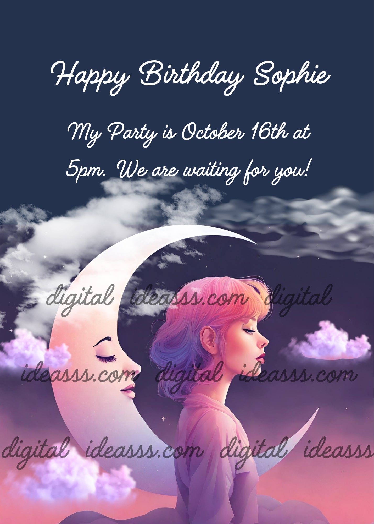 A dreamy girl with short pink and purple hair whose profile mirrors the face of the crescent moon beside her, both with the same delicate features, surrounded by purple and white clouds on a deep blue night sky background — birthday card for girls aged 10 to 14