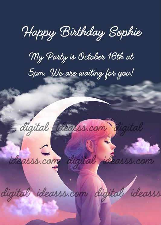 A dreamy girl with short pink and purple hair whose profile mirrors the face of the crescent moon beside her, both with the same delicate features, surrounded by purple and white clouds on a deep blue night sky background — birthday card for girls aged 10 to 14