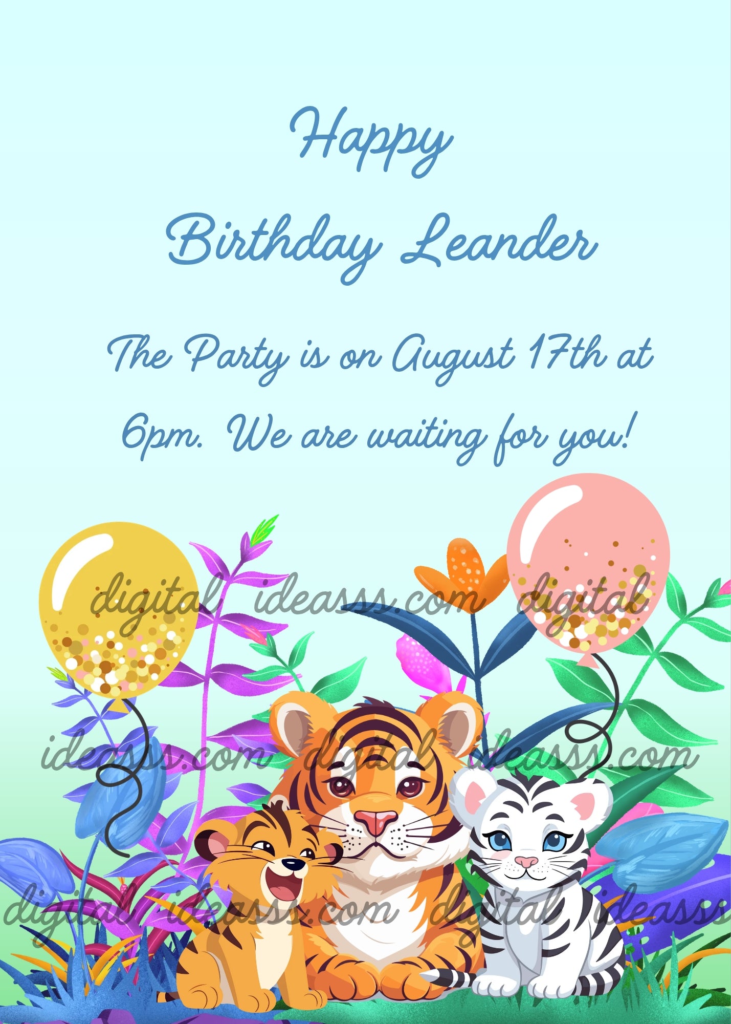 Two adorable kawaii tiger cubs, one with orange and black fur and the other with white and gray fur, surrounded by colorful tropical leaves, orange flowers, and gold and pink balloons on a pastel blue and green background — birthday card for children aged 5 to 10