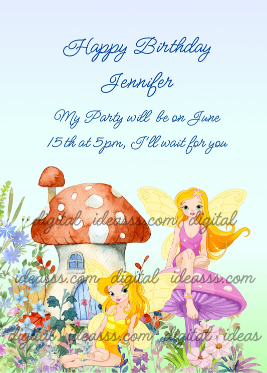 Two blonde fairies with golden wings one in a yellow dress sitting by a red mushroom house and one in a purple dress sitting on a purple mushroom surrounded by colorful wildflowers and green leaves on a soft light blue background — printable birthday card for girls ages 9 to 14