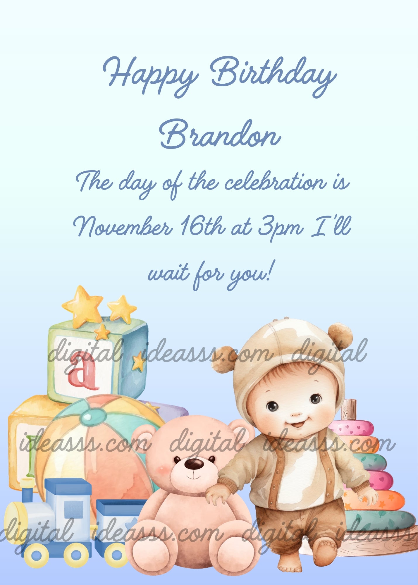 Baby dressed as a teddy bear with a beige teddy bear, colorful building blocks, a toy train and a stacking ring tower on a soft pastel blue background — birthday card for children aged 1 to 8