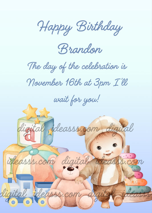 Baby dressed as a teddy bear with a beige teddy bear, colorful building blocks, a toy train and a stacking ring tower on a soft pastel blue background — birthday card for children aged 1 to 8