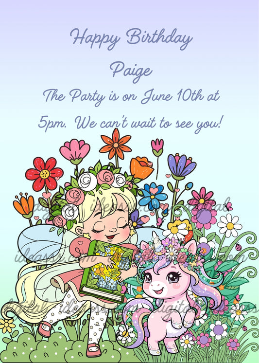 Girl dressed as a fairy reading a storybook to a pink unicorn, both wearing flower crowns in a colorful garden - printable birthday card for girls aged 6 to 12