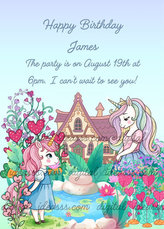 Mother unicorn with a pastel rainbow mane and her little pink-maned daughter beside a pond with water lilies, surrounded by heart-shaped plants and a cream cottage with a pink roof - printable birthday card for children aged 1 to 9