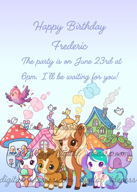 Four unicorns in a colorful village with mushroom and whimsical houses, pastel chimney smoke and little birds, including a white unicorn holding an ice cream, two brown unicorns and a white unicorn with a turquoise mane - printable birthday card for children aged 1 to 8