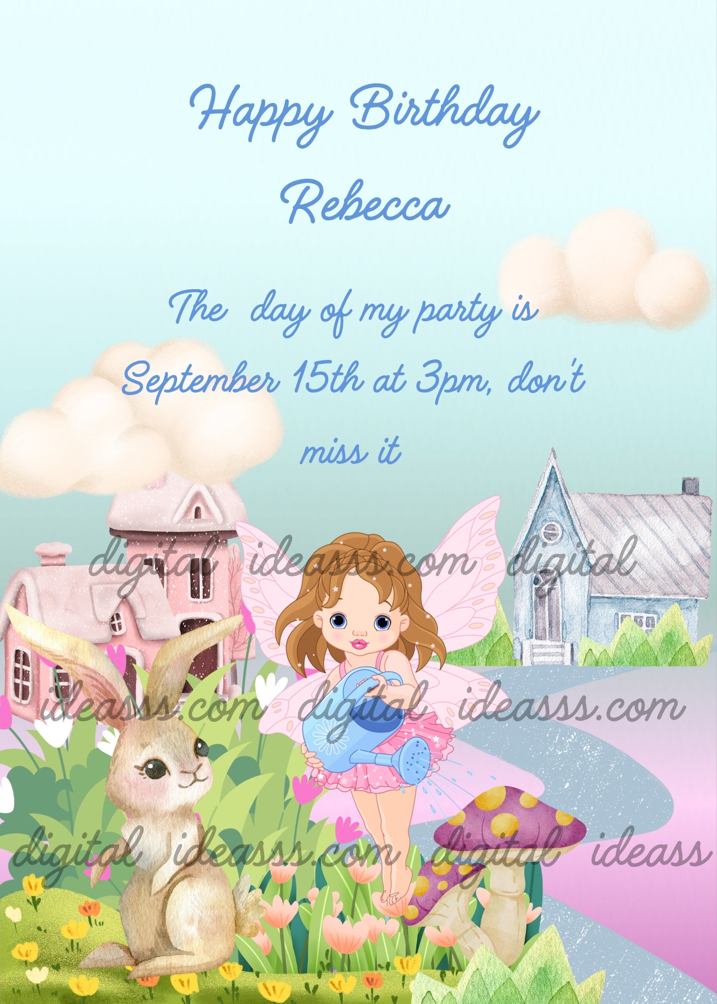 A cute kawaii brown haired fairy with pink wings in a pink dress holding a blue watering can next to a fluffy grey bunny with a pink house a grey house a purple and yellow mushroom white clouds and colorful flowers on a soft blue gradient background — printable birthday card for girls ages 9 to 14