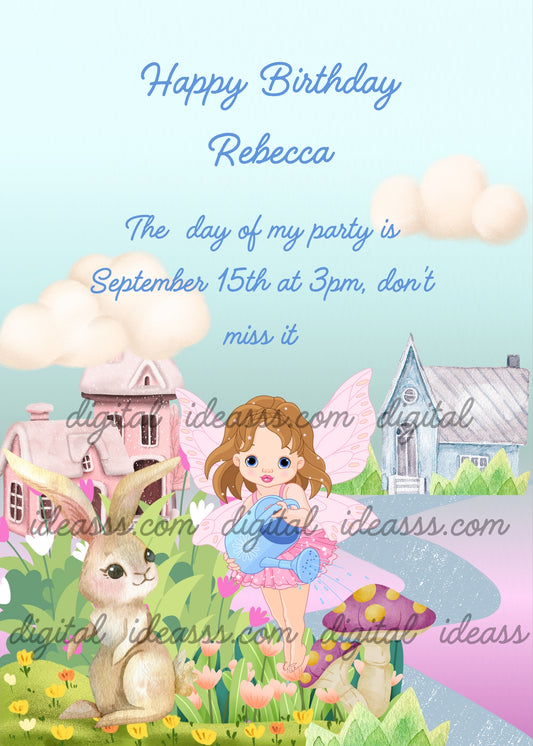 A cute kawaii brown haired fairy with pink wings in a pink dress holding a blue watering can next to a fluffy grey bunny with a pink house a grey house a purple and yellow mushroom white clouds and colorful flowers on a soft blue gradient background — printable birthday card for girls ages 9 to 14