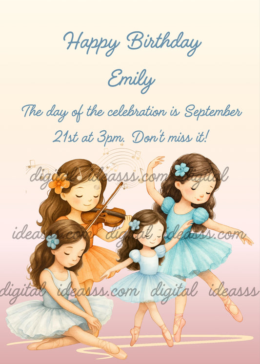 A pretty ballerina plays the violin for her friends at ballet school — printable birthday card for girls ages 3 to 10