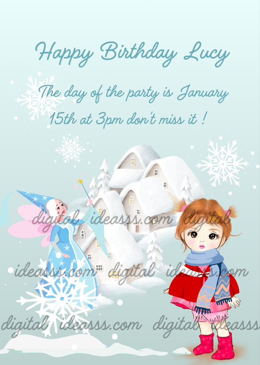  A blue dressed fairy with a pointed blue hat and pink wings holding a magic wand next to a large white snowflake and a kawaii girl with brown pigtails in a red dress with a blue scarf and pink boots beside a snowy white village with snowflakes on a soft light blue background — printable Christmas birthday card for girls ages 6 to 12