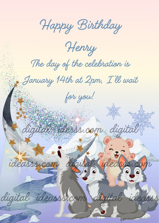 Four cute grey wolves in a snowy winter landscape: one sleeping, one howling at the crescent moon, and two others, one carrying a little bear cub on its back — birthday card for children aged 3 to 10
