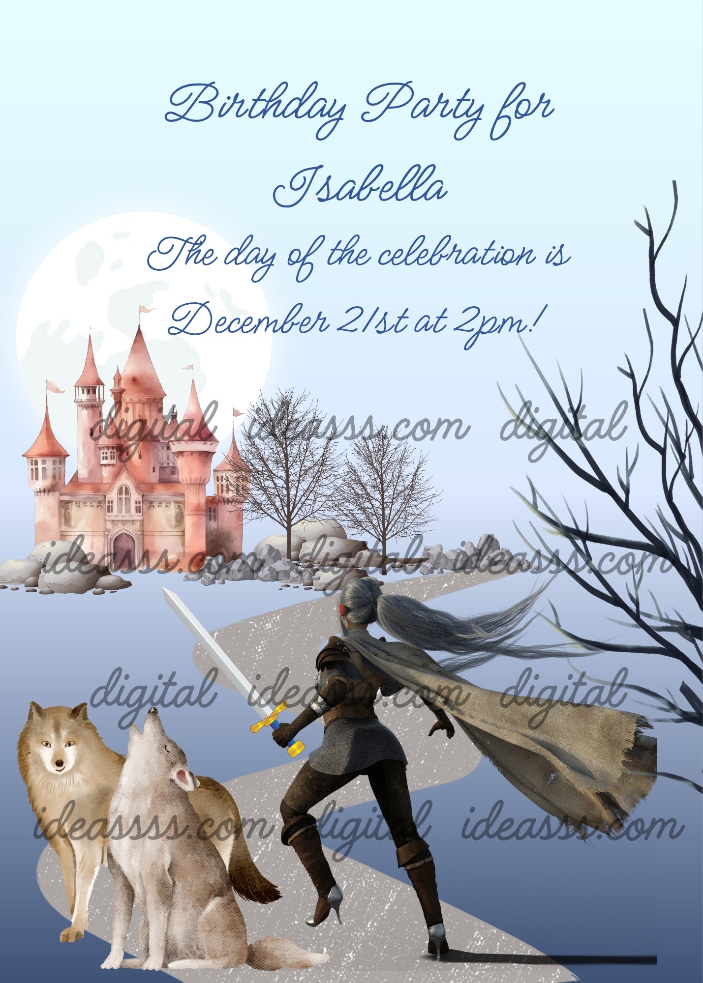 A princess warrior running toward a pink castle in a winter landscape with two friendly wolves beside her and a full moon in the background — printable birthday card for girls ages 10 to 14