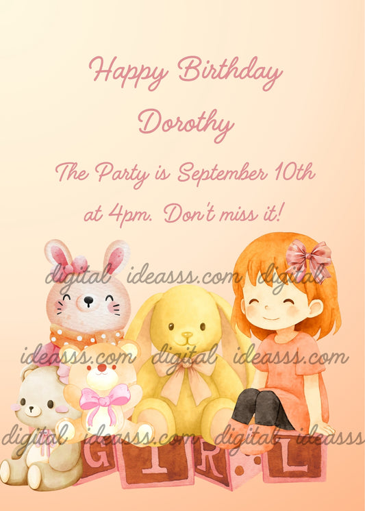  Cute girl with orange hair and pink bow sitting next to a yellow bunny, a pink bunny and a small teddy bear, with wooden blocks spelling GIRL on a peach background — birthday card for girls aged 1 to 9