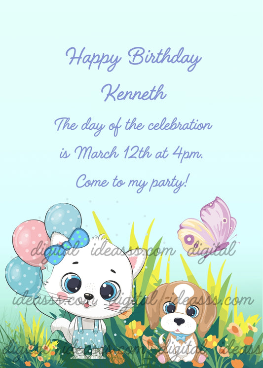 A white kitten with a light blue bow and polka dot balloons in pink blue and aqua standing next to a beige puppy among yellow and orange flowers with a purple butterfly on a soft blue background -  printable birthday card for children 1-10