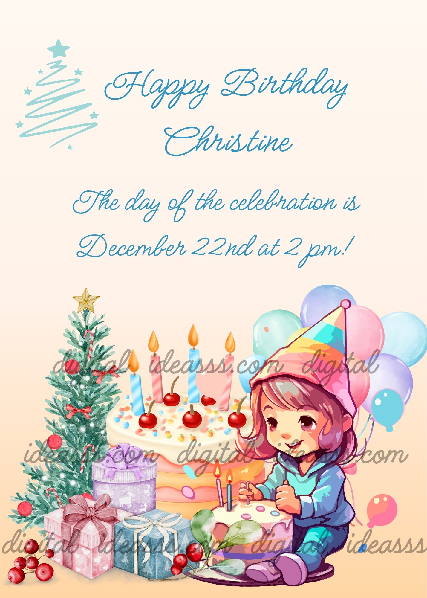Cute girl with party hat sitting next to one birthday cakes with candles and cherries, a decorated Christmas tree, colorful balloons and gift boxes on a warm peach background — birthday card for girls aged 5 to 12