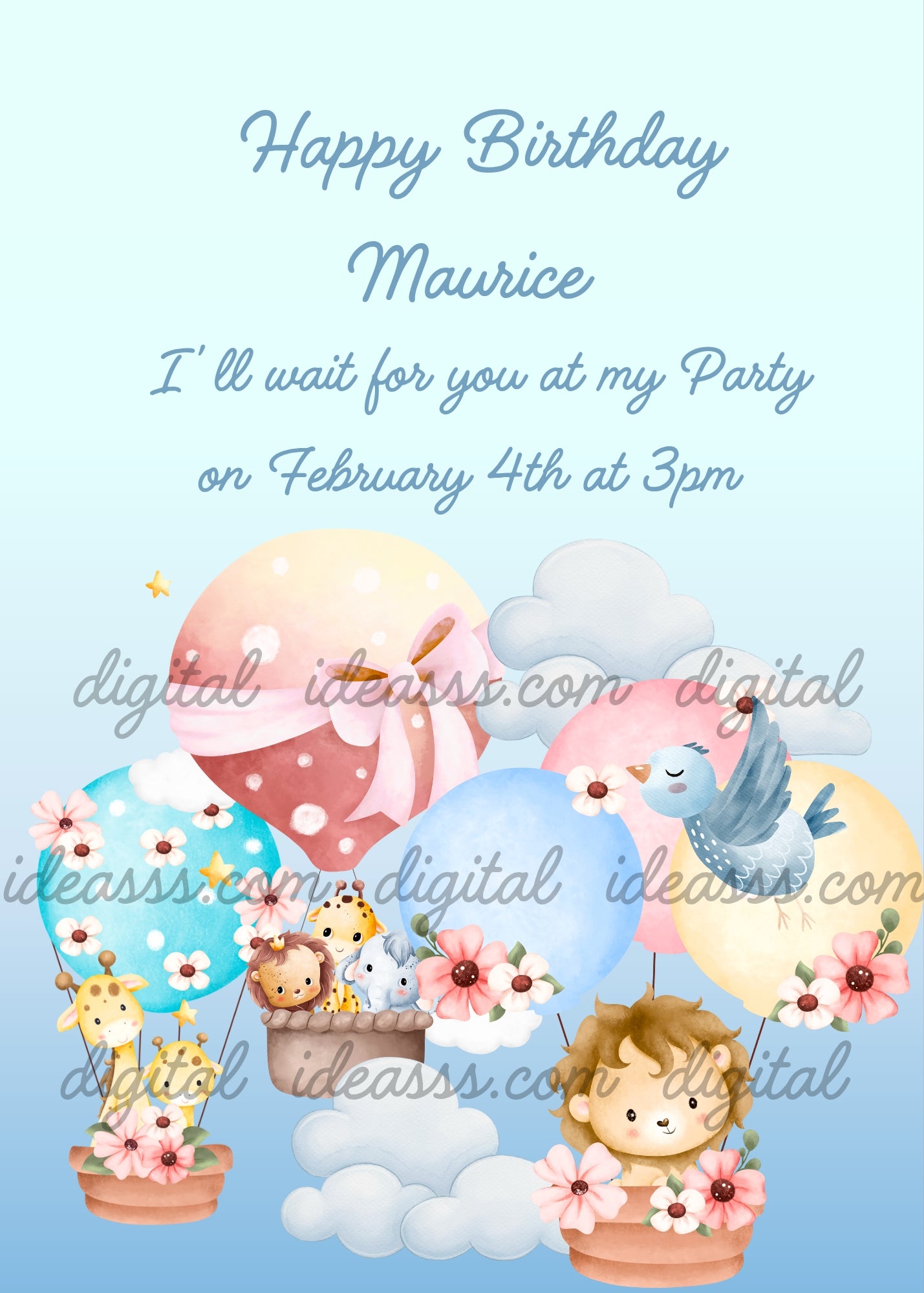 Cute kawaii jungle animals traveling in hot air balloons: a giraffe, a lion cub with a crown, a giraffe and a leopard cub in one basket, a sweet lion cub in another basket, and a blue bird flying, surrounded by colorful balloons, pink flowers, and white clouds on a soft pastel blue background — birthday card for children aged 1 to 9
