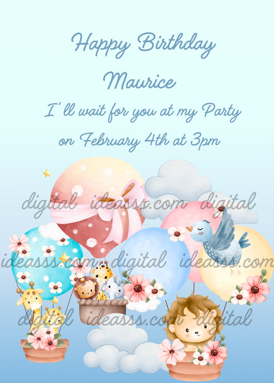 Cute kawaii jungle animals traveling in hot air balloons: a giraffe, a lion cub with a crown, a giraffe and a leopard cub in one basket, a sweet lion cub in another basket, and a blue bird flying, surrounded by colorful balloons, pink flowers, and white clouds on a soft pastel blue background — birthday card for children aged 1 to 9