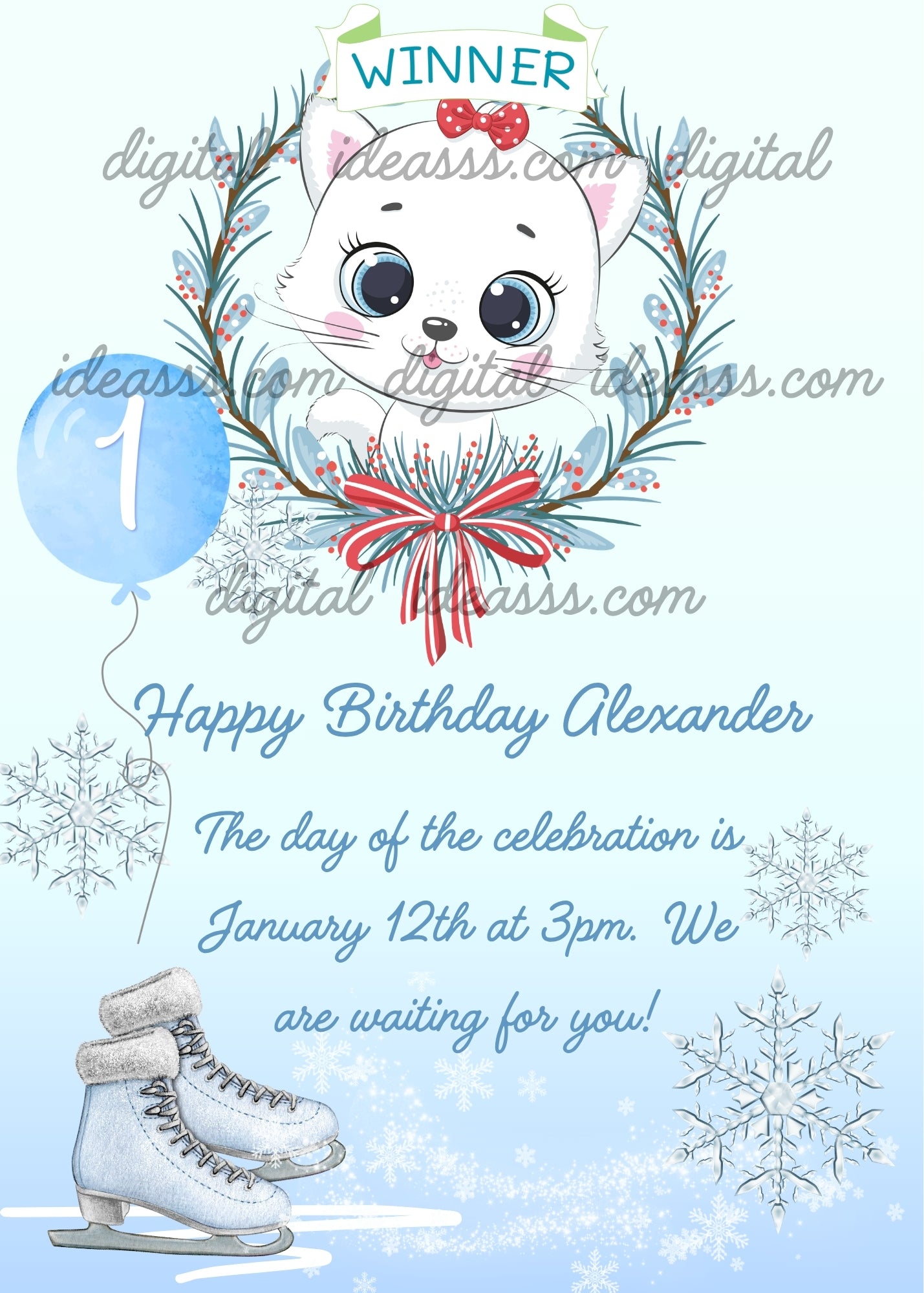 A cute white kitten with a red bow in a winter wreath with a number 1 balloon and ice skates with snowflakes — printable birthday card for kids 1-9
