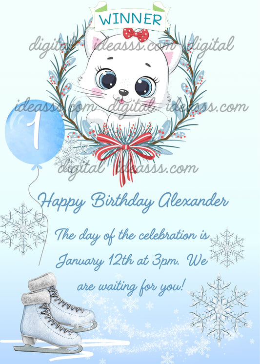 A cute white kitten with a red bow in a winter wreath with a number 1 balloon and ice skates with snowflakes — printable birthday card for kids 1-9