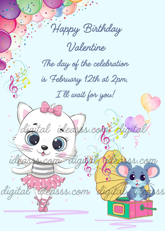 A little mouse plays an old gramophone and Tinkerbell the cat dances — printable birthday card for girls ages 1 to 9