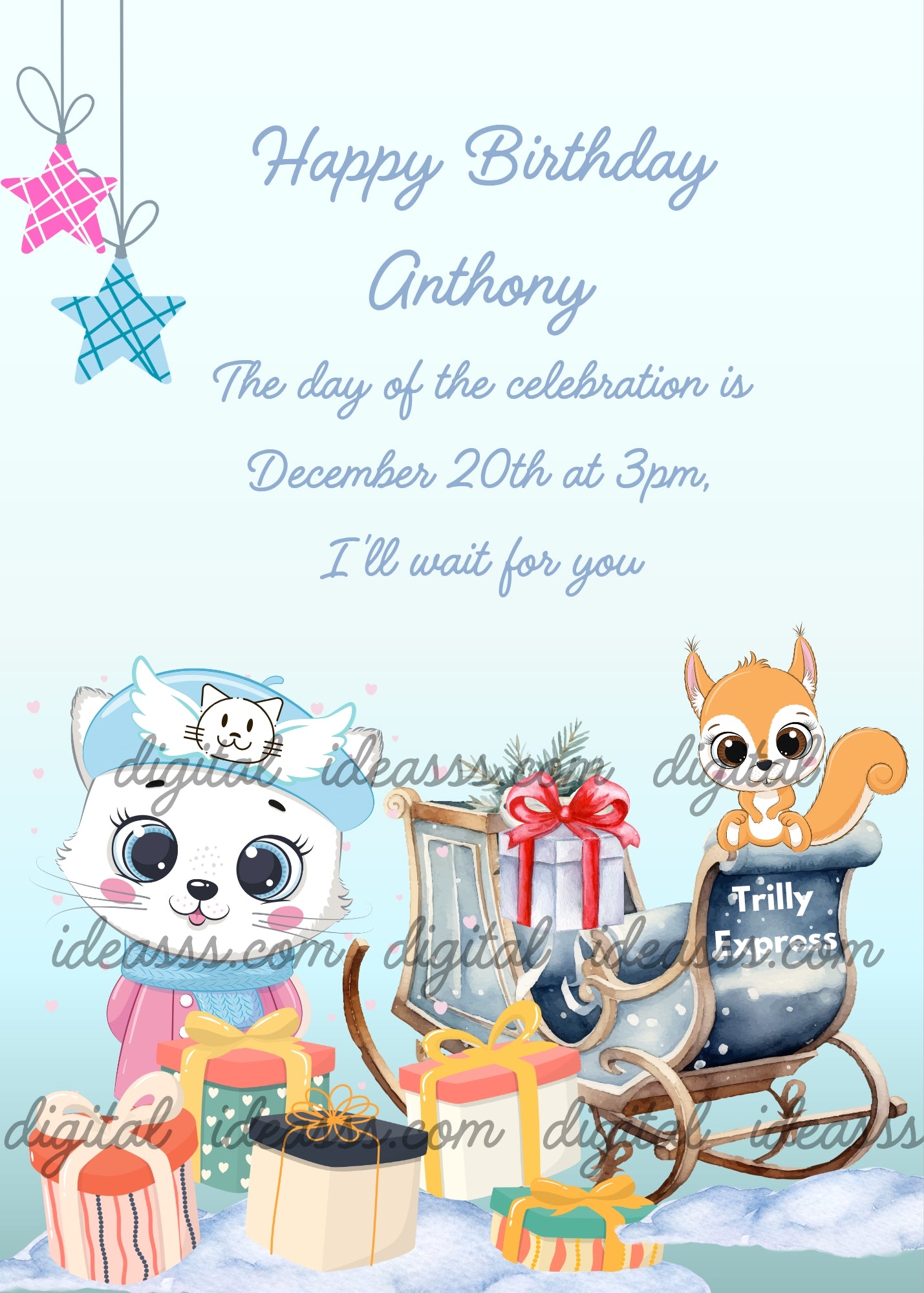 White cat with blue hat and a squirrel on a Christmas sleigh surrounded by colorful gifts and hanging stars on a light blue background — birthday card for kids 1-9