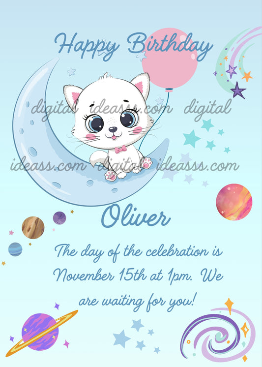 Cute white kitten with pink bow sitting on a light blue crescent moon holding a pink balloon, with colorful planets, stars and a galaxy swirl on a soft light blue background — birthday card for children aged 1 to 9