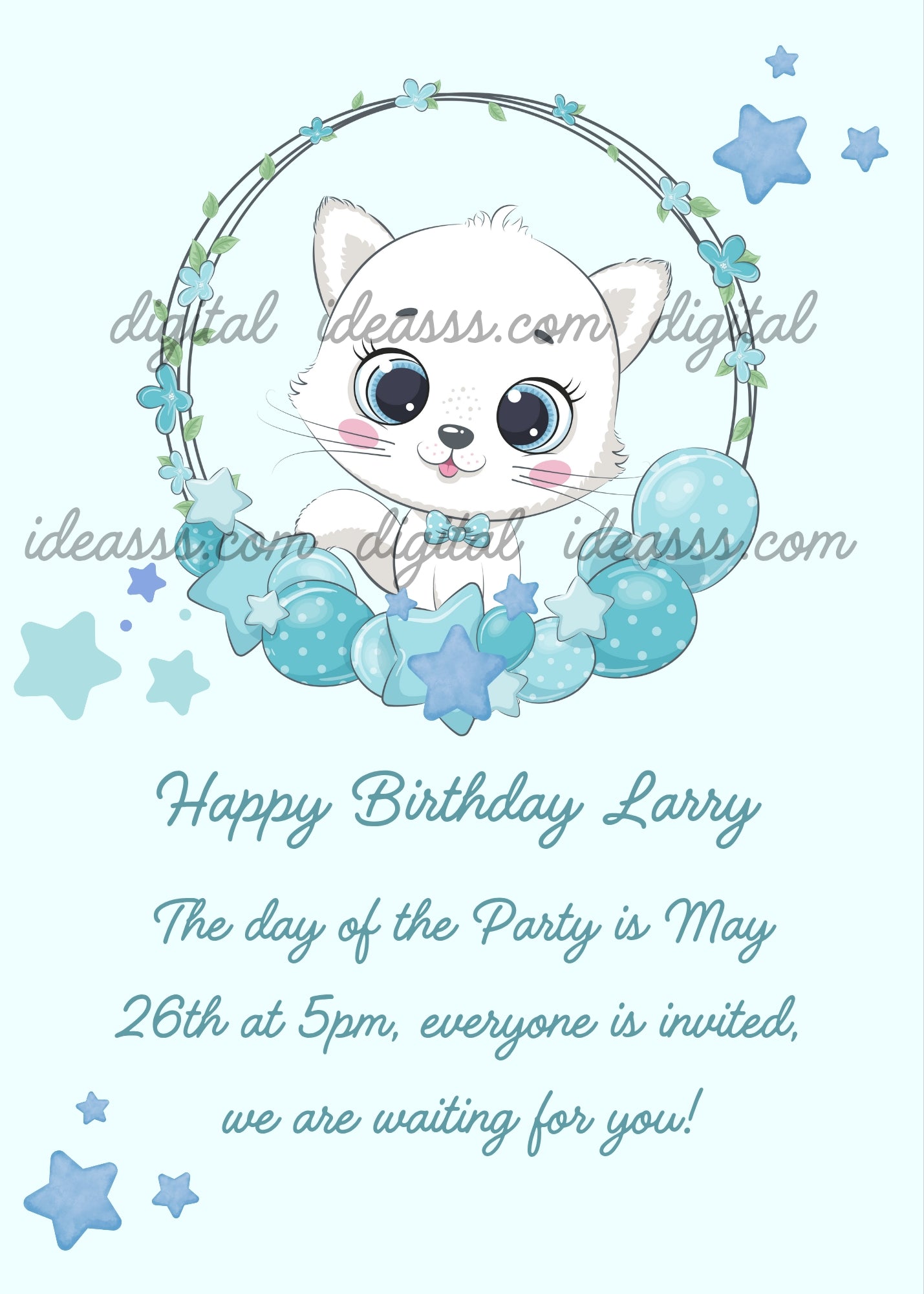 A white kitten with a blue bow inside a floral wreath with teal balloons and stars on a light blue background - printable birthday card for kids 1-9