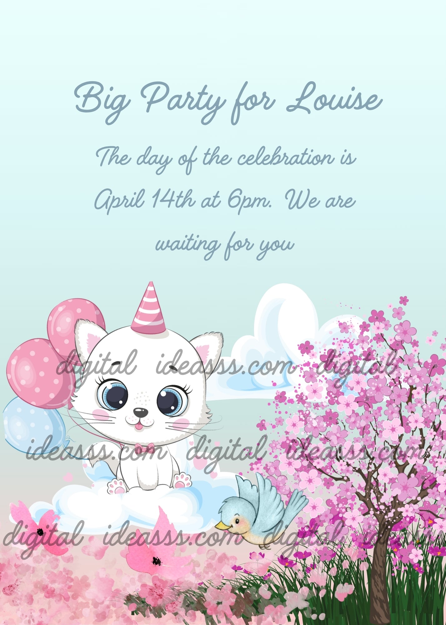 Trilly the kitten flies with her balloons over a flowery meadow - printable birthday card for kids 1-9 