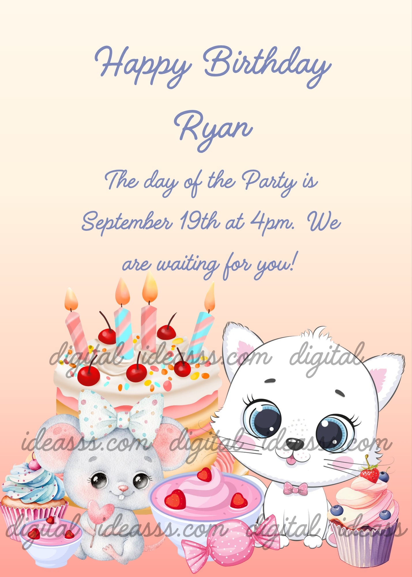  A cute white kawaii cat with big blue eyes and a pink bow and a sweet grey mouse with a white bow, surrounded by a layered pink birthday cake with colorful candles and cherries, colorful cupcakes with blue frosting and berries, a pink bowl with red hearts and candy on a soft peach gradient background — birthday card for children aged 1 to 9