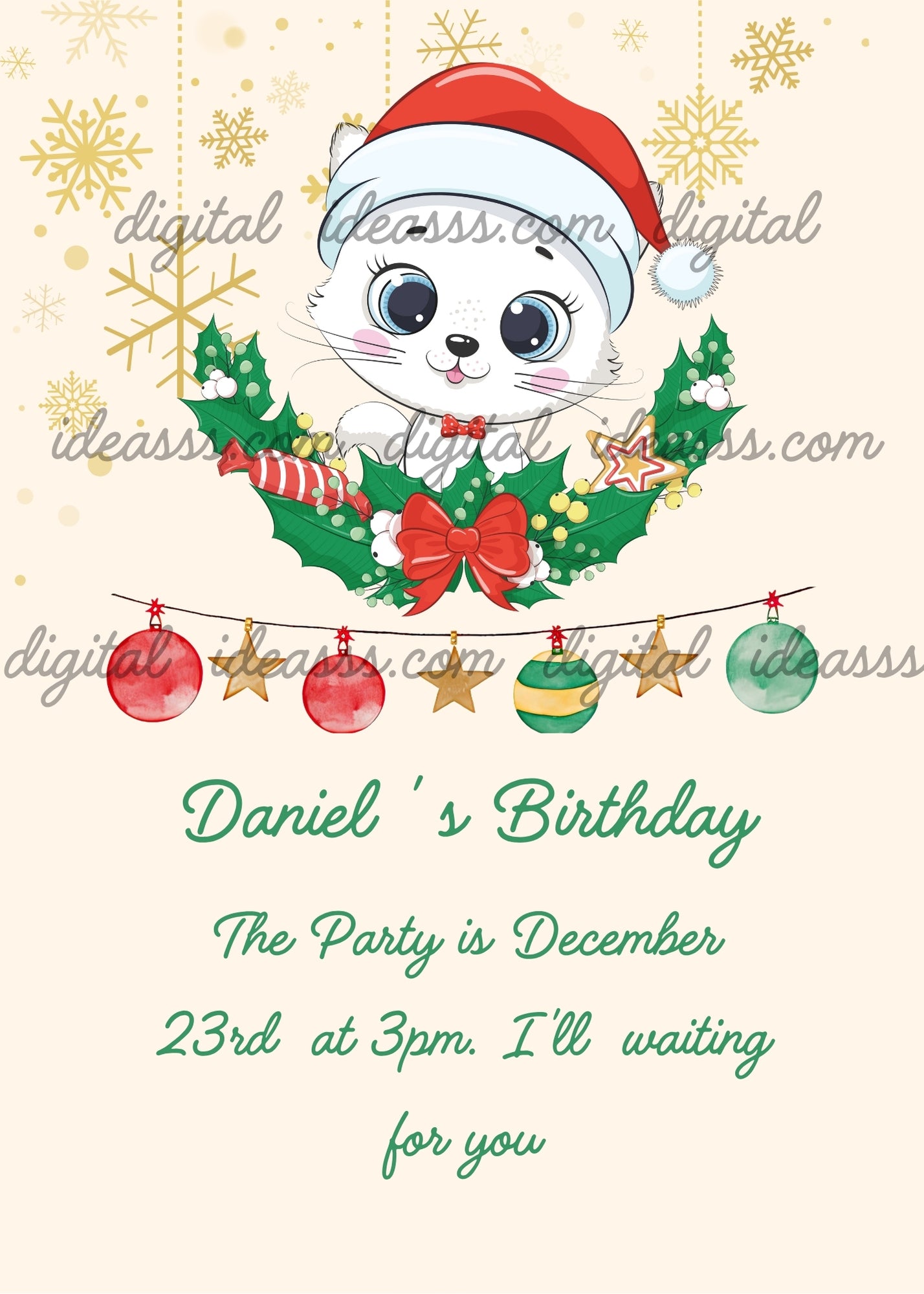 Cute white cat with Santa hat inside a Christmas holly wreath with baubles and stars hanging on a cream background with golden snowflakes — birthday card for kids 1-12