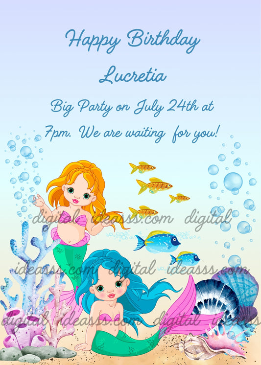 Two cute baby twin mermaids, one with orange hair pink top and green tail waving, one with teal hair pink top and green tail sitting on seabed, golden fish, blue and yellow fish, lilac and pink corals, large blue shell and blue bubbles on pastel blue and beige background — birthday card for girls aged 8 to 12