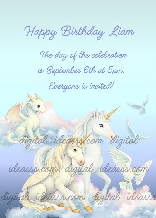  White unicorn and little Pegasus with a white dragon and doves flying among pastel clouds on a light blue background — birthday card for children aged 5 to 12