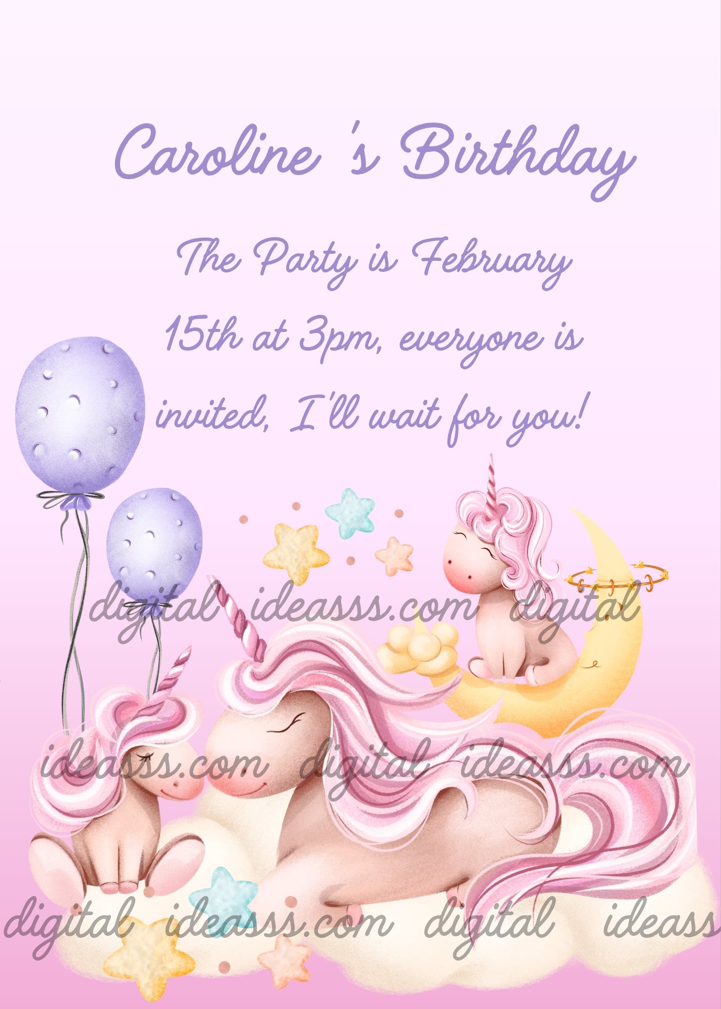 A sweet pink unicorn mom lying on the clouds with her little ones. One is sleeping on a yellow crescent moon, while the other is facing her. Two purple balloons and colorful stars set against a pink gradient background — birthday card for children aged 1 to 10