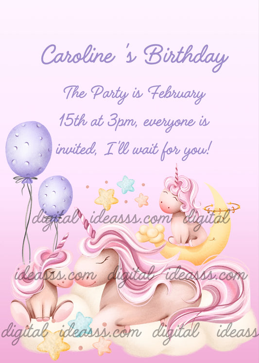 A sweet pink unicorn mom lying on the clouds with her little ones. One is sleeping on a yellow crescent moon, while the other is facing her. Two purple balloons and colorful stars set against a pink gradient background — birthday card for children aged 1 to 10