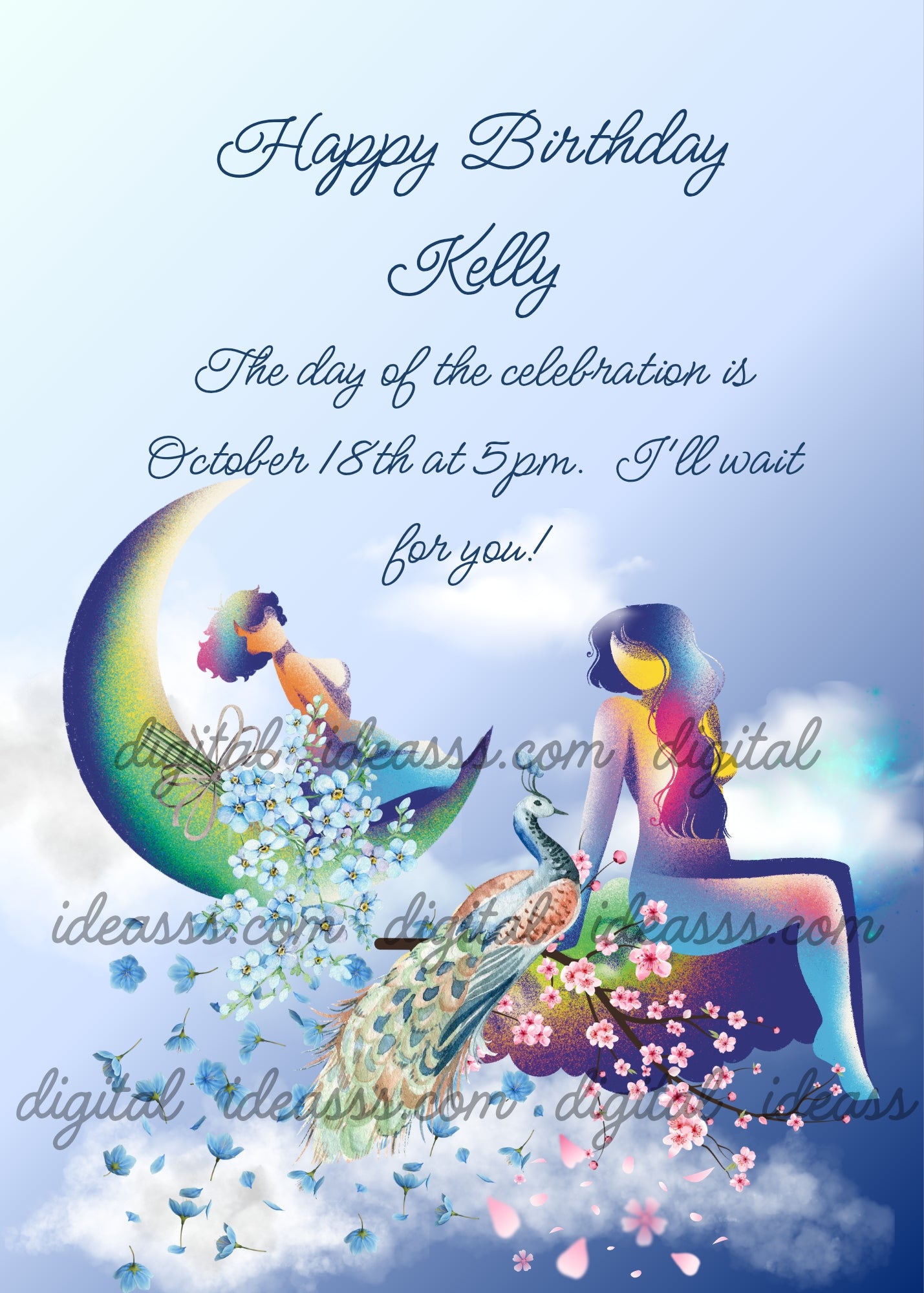 Two colorful girls sitting on a crescent moon with a beautiful peacock and delicate blue and pink flowers on a soft light blue sky background — birthday card for girls aged 10 to 14
