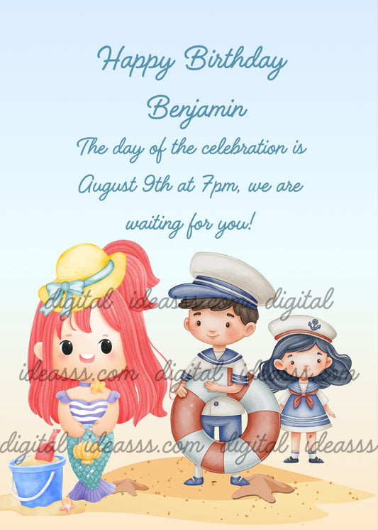 A cute little mermaid with red hair, a yellow hat with a blue bow, a striped top, and a turquoise tail with a purple fin on the beach with a handbag. Next to her is a blue bucket, a sailor in a white hat holding a life preserver, a female sailor in a white dress and red scarf, and a beige starfish on the sand against a light blue background. Birthday card for children aged 5 to 12 