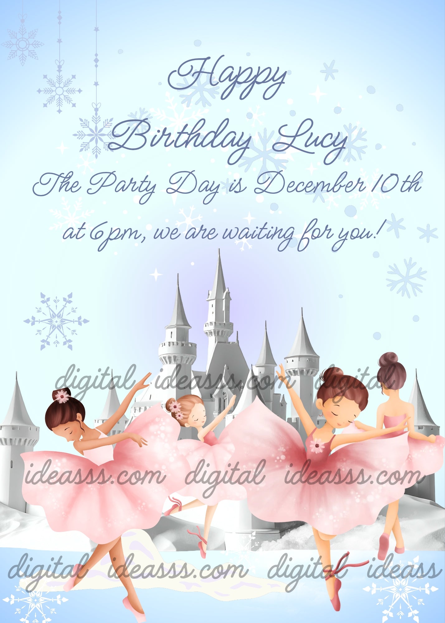 Four elegant ballerinas in pink tutus dancing in front of a silver castle, with a snowflakes and white clouds on a soft blue and pastel gradient background — birthday card for girls aged 8 to 14 