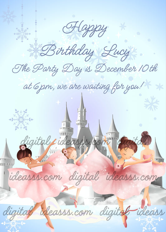 Four elegant ballerinas in pink tutus dancing in front of a silver castle, with a snowflakes and white clouds on a soft blue and pastel gradient background — birthday card for girls aged 8 to 14 