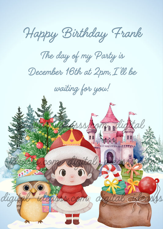  A kawaii princess dressed as Santa Claus with golden crown, a decorated Christmas tree with red ornaments on the left, a pink fairy tale castle in the background, a cute owl with a party hat and gift beside the princess, and a large sack overflowing with colorful gifts on the right, on a soft blue snowy background — birthday card for children aged 5  to 12
