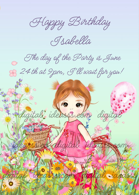 Little girl with red-orange pigtails and pink dress standing beside a red bicycle with a wicker flower basket, pink confetti balloon, colorful wildflower garden with sunflowers, daisies, pink cosmos and lavender, soft aqua mint gradient background — birthday card for girls aged 3 to 10