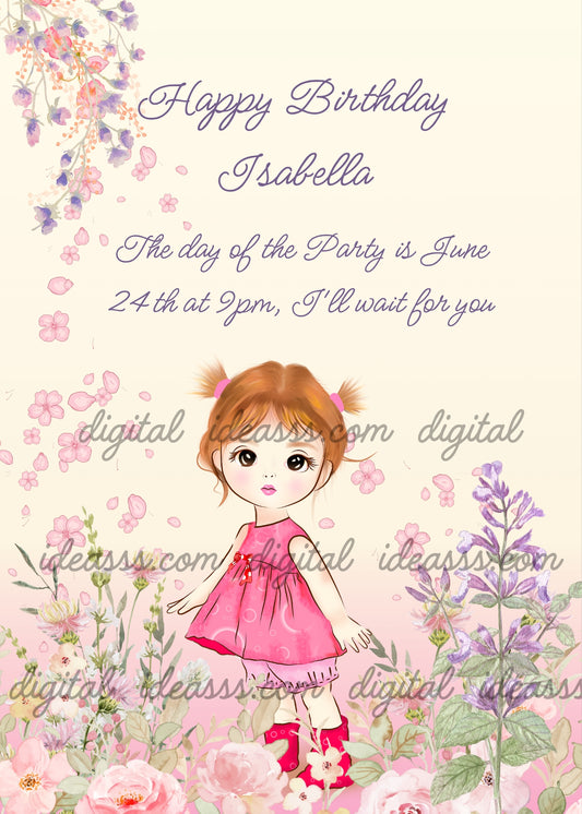 Sweet little girl with brown hair in pink dress walking among pink roses, purple lavender and wildflowers on a soft cream and pink background — birthday card for girls aged 3 to 10
