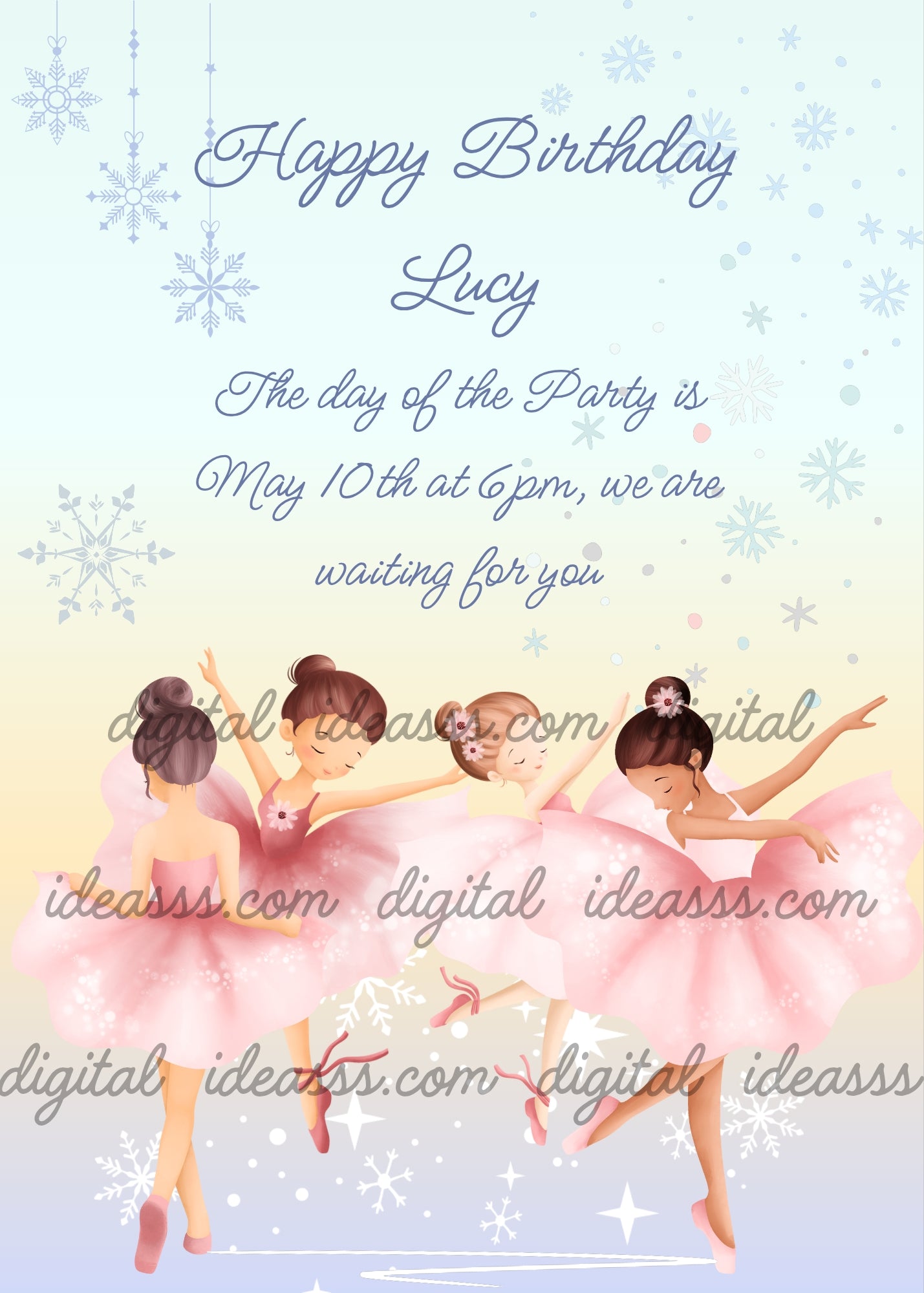 Four ballerinas in pink tutus dancing on a soft winter background with snowflakes — printable birthday card for girls ages 8 to 14