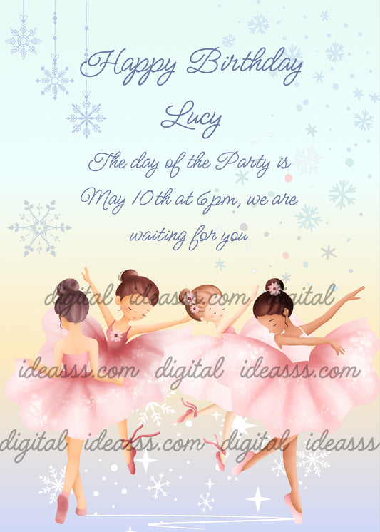 Four ballerinas in pink tutus dancing on a soft winter background with snowflakes — printable birthday card for girls ages 8 to 14