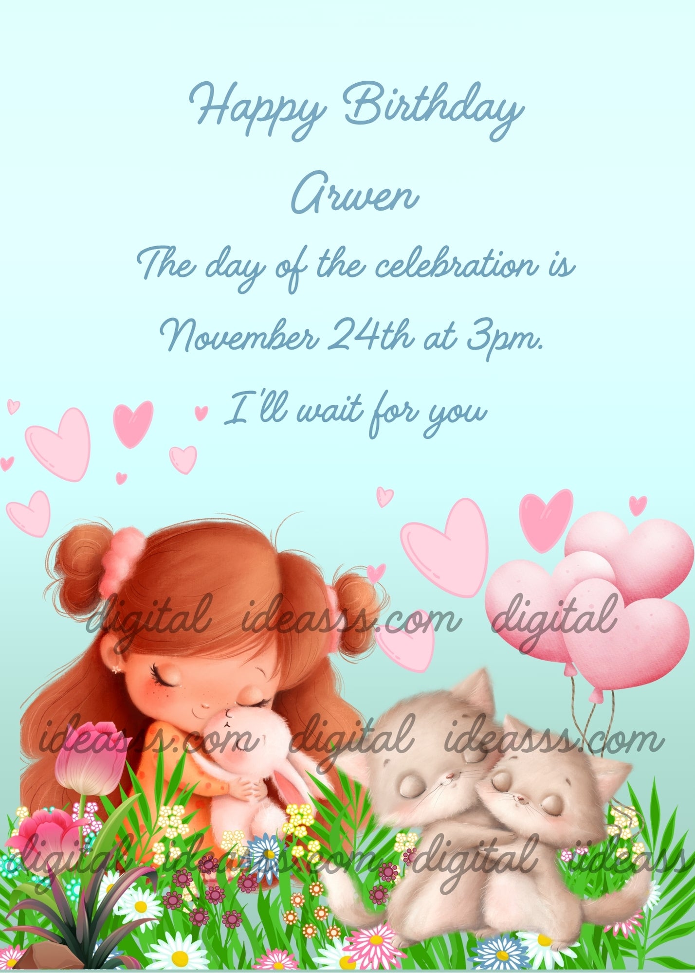  A red-haired girl hugs a pink bunny toy while two gray kittens cuddle with pink heart balloons and flowers in a meadow — printable birthday card for kids 1-9