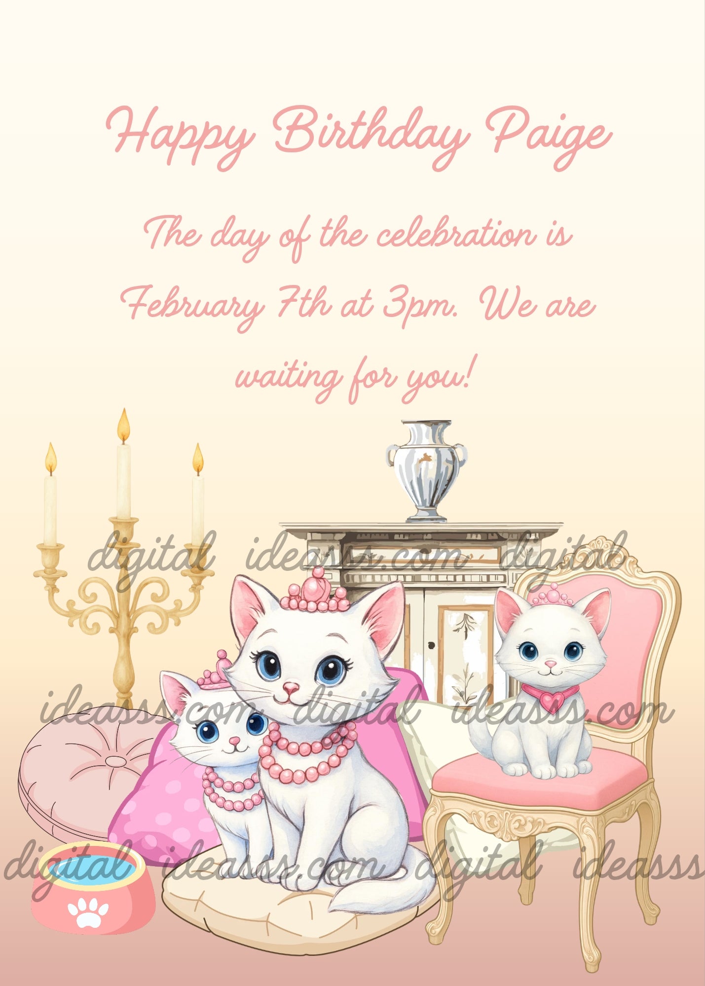 Birthday Card elegant white kittens wearing pink tiaras and pearl necklaces relaxing on colorful cushions in a royal room with antique furniture and chandelier birthday card for children aged 5 to 12