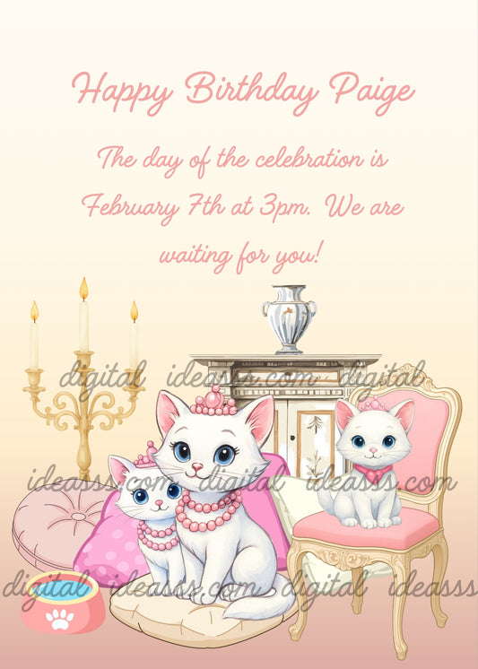 Birthday Card elegant white kittens wearing pink tiaras and pearl necklaces relaxing on colorful cushions in a royal room with antique furniture and chandelier birthday card for children aged 5 to 12
