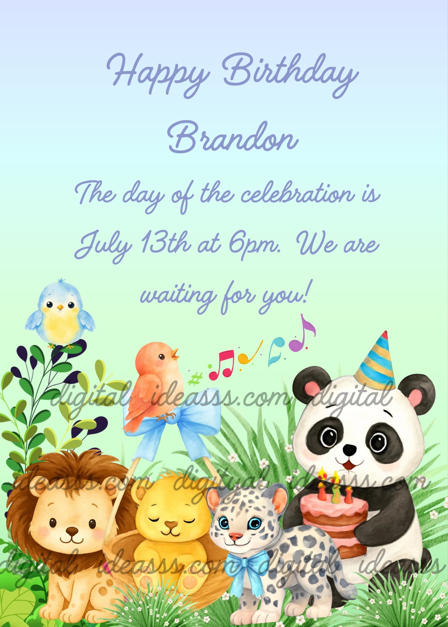 Cute kawaii jungle animals with a lion, baby lion, leopard with blue bow, panda with birthday cake and party hat, orange bird singing with musical notes and blue bird, tropical plants and flowers on a soft blue gradient background — birthday card for children aged 1 to 8 